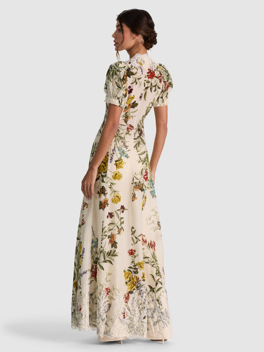 v-neck Printed puff-sleeve cardigan maxi dress 
