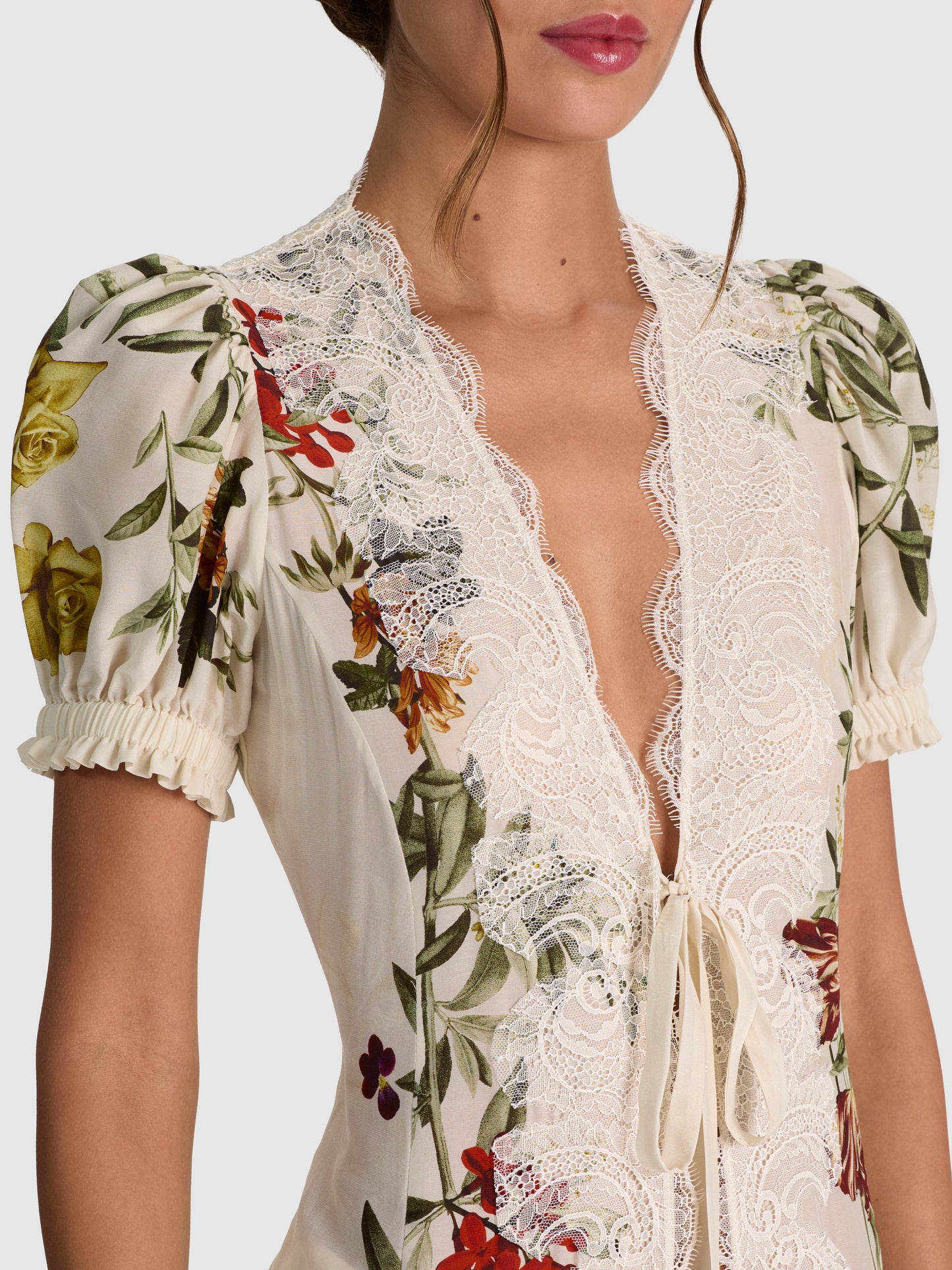 v-neck Printed puff-sleeve cardigan maxi dress 
