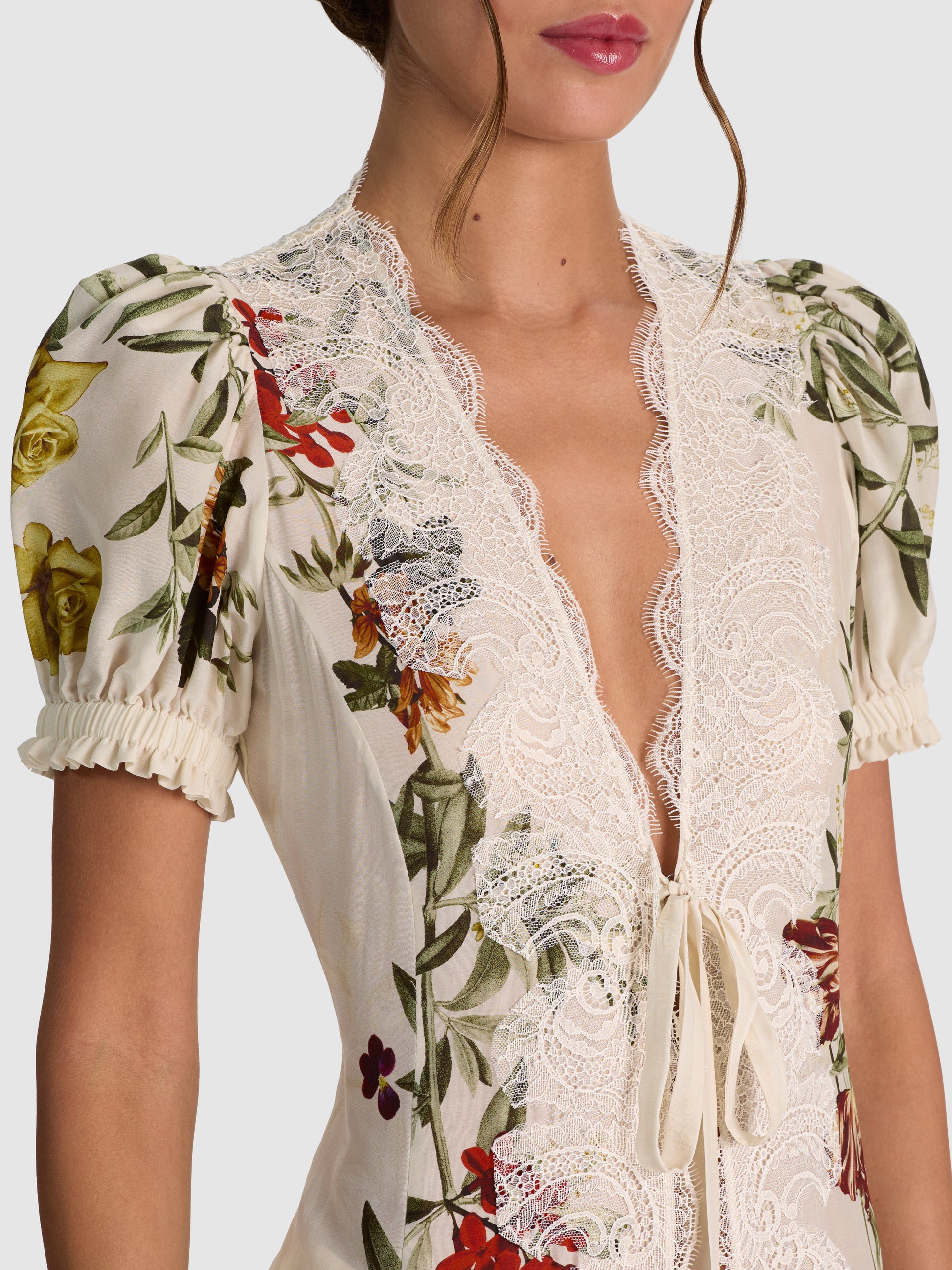 v-neck Printed puff-sleeve cardigan maxi dress 