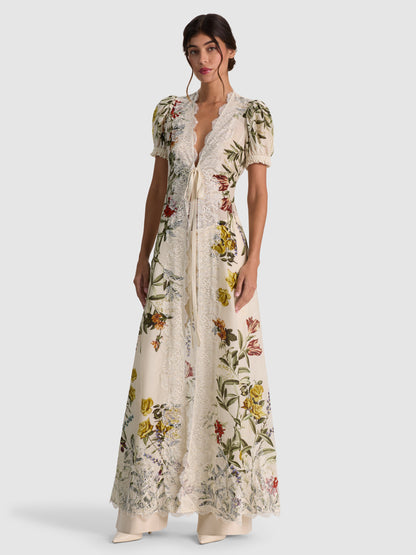 v-neck Printed puff-sleeve cardigan maxi dress 