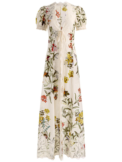 v-neck Printed puff-sleeve cardigan maxi dress 