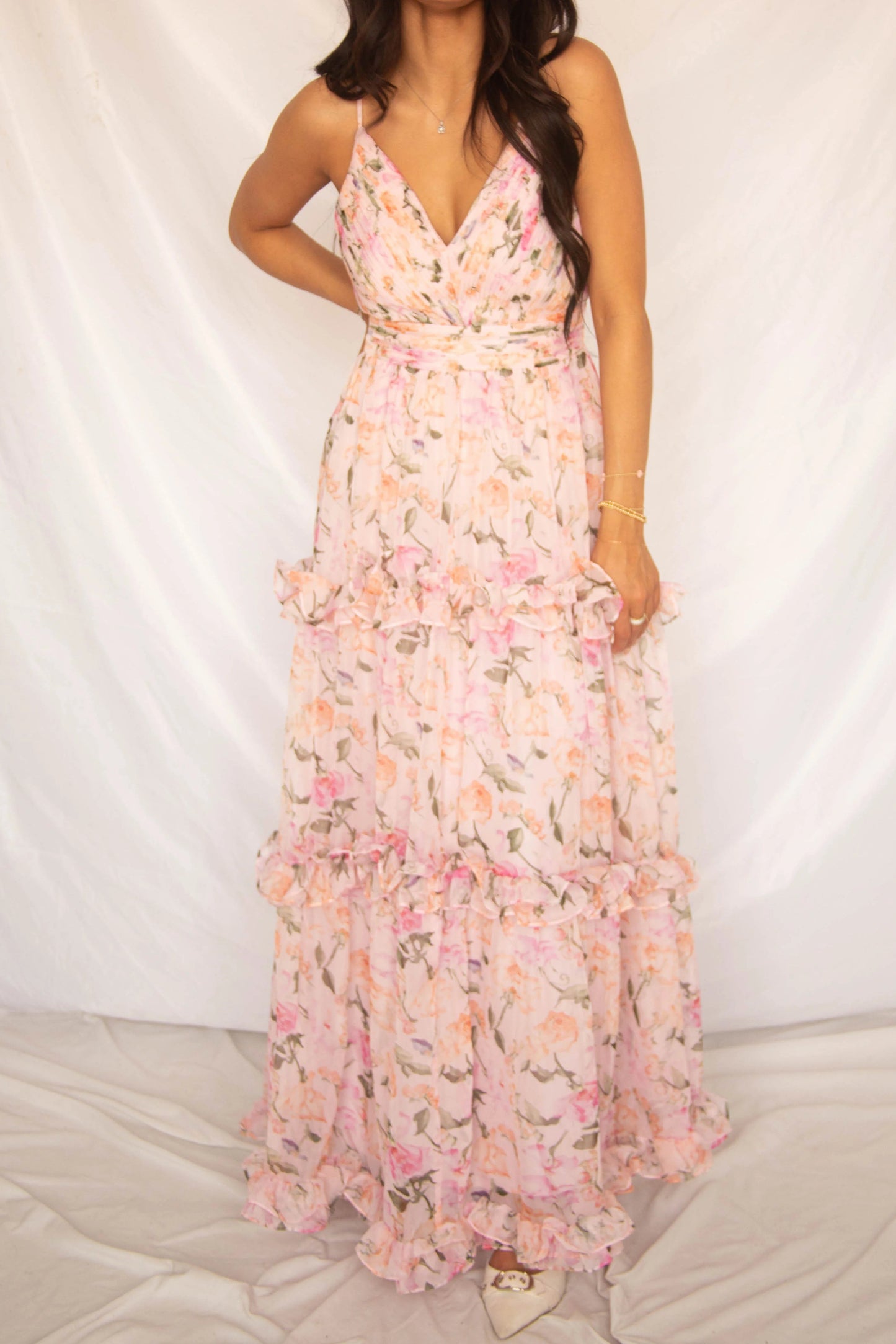 Printed camisole tiered maxi dress - pink