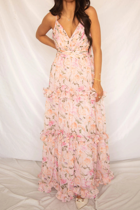 Printed camisole tiered maxi dress - pink