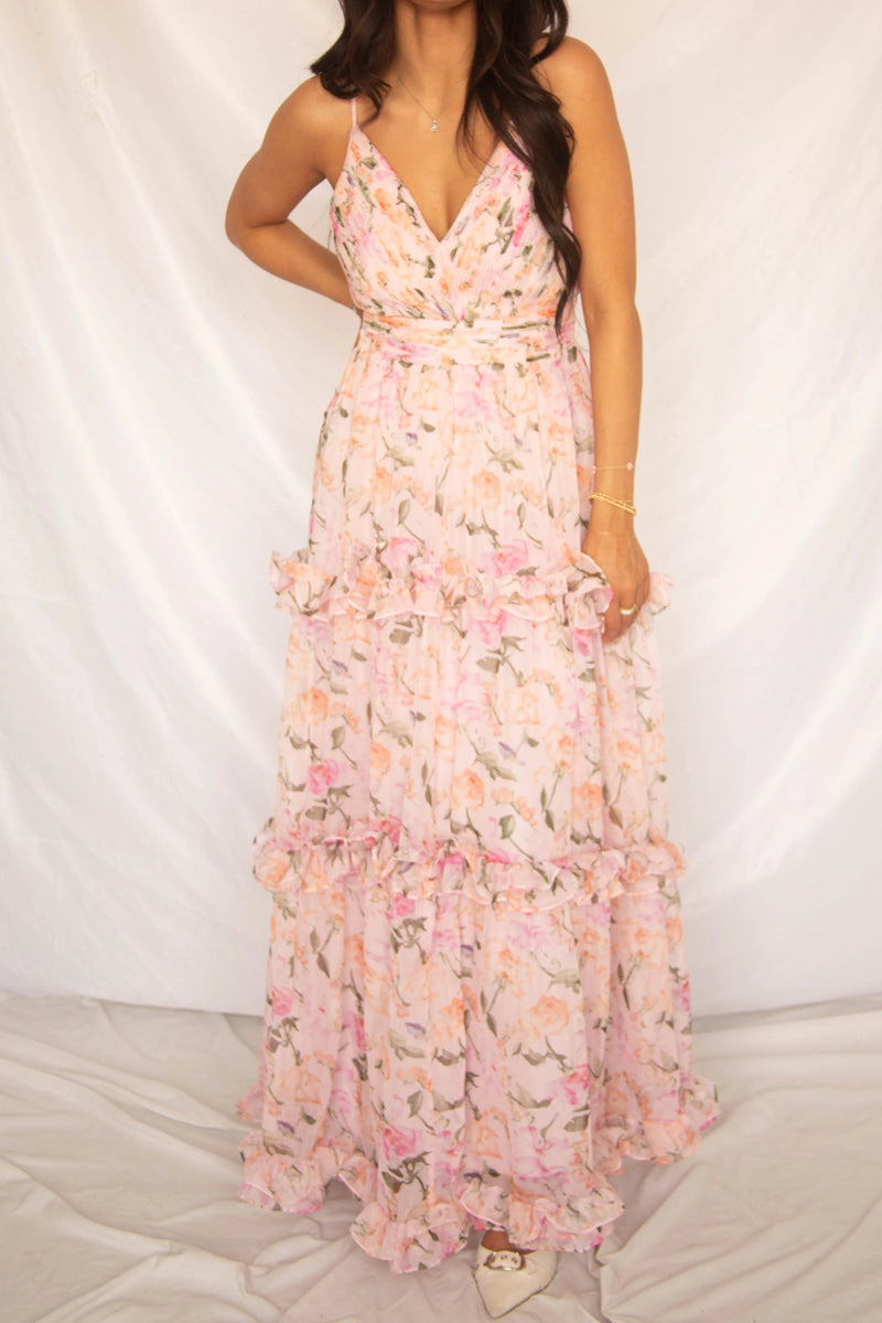 Printed camisole tiered maxi dress - pink