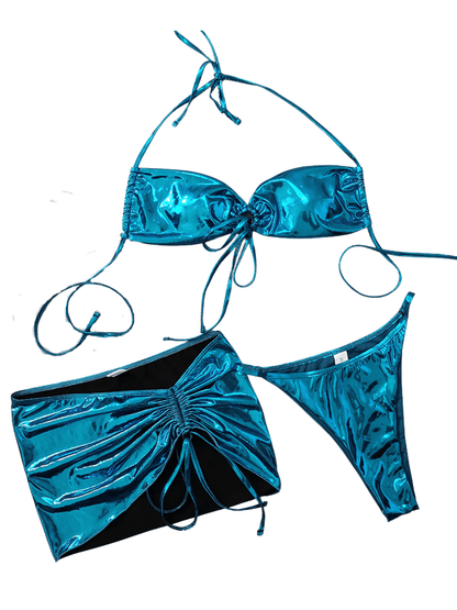 Cassius Lacing Metallic Bikini Three Piece Set