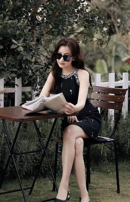 RHINESTONE EMBELLISHED SUNDRESS IN BLACK