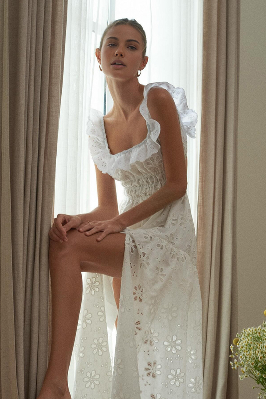 Ruffled square neck embroidered backless slit maxi dress - white