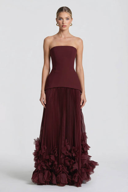 Strapless Burgundy Pleated Maxi Gown With 3D Floral Ruffle Hem