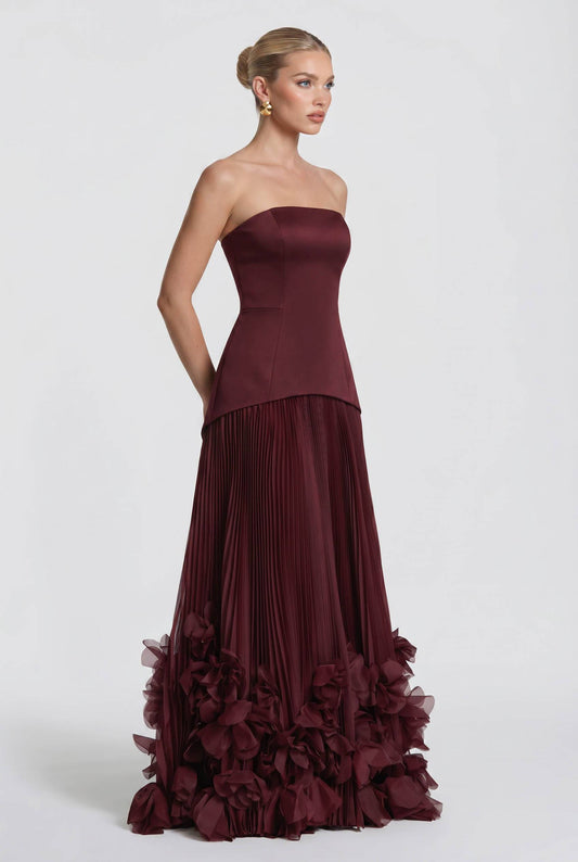 Strapless Burgundy Pleated Maxi Gown With 3D Floral Ruffle Hem