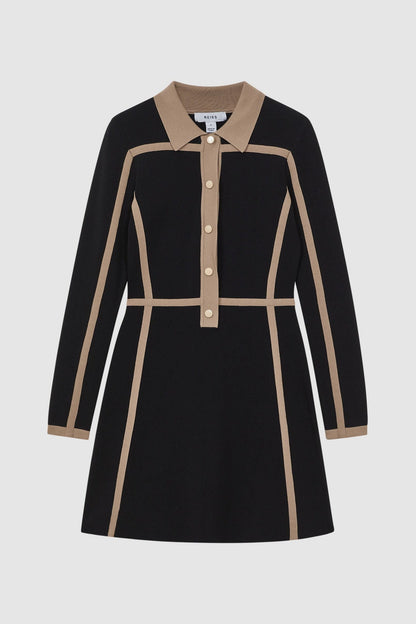 Contrast Trim Press-Stud Mini Dress in Black/Camel