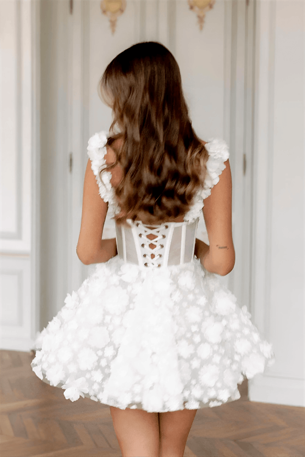 White Flower Lace Embroidery Lace-Up Spaghetti Strap Mini Dress
