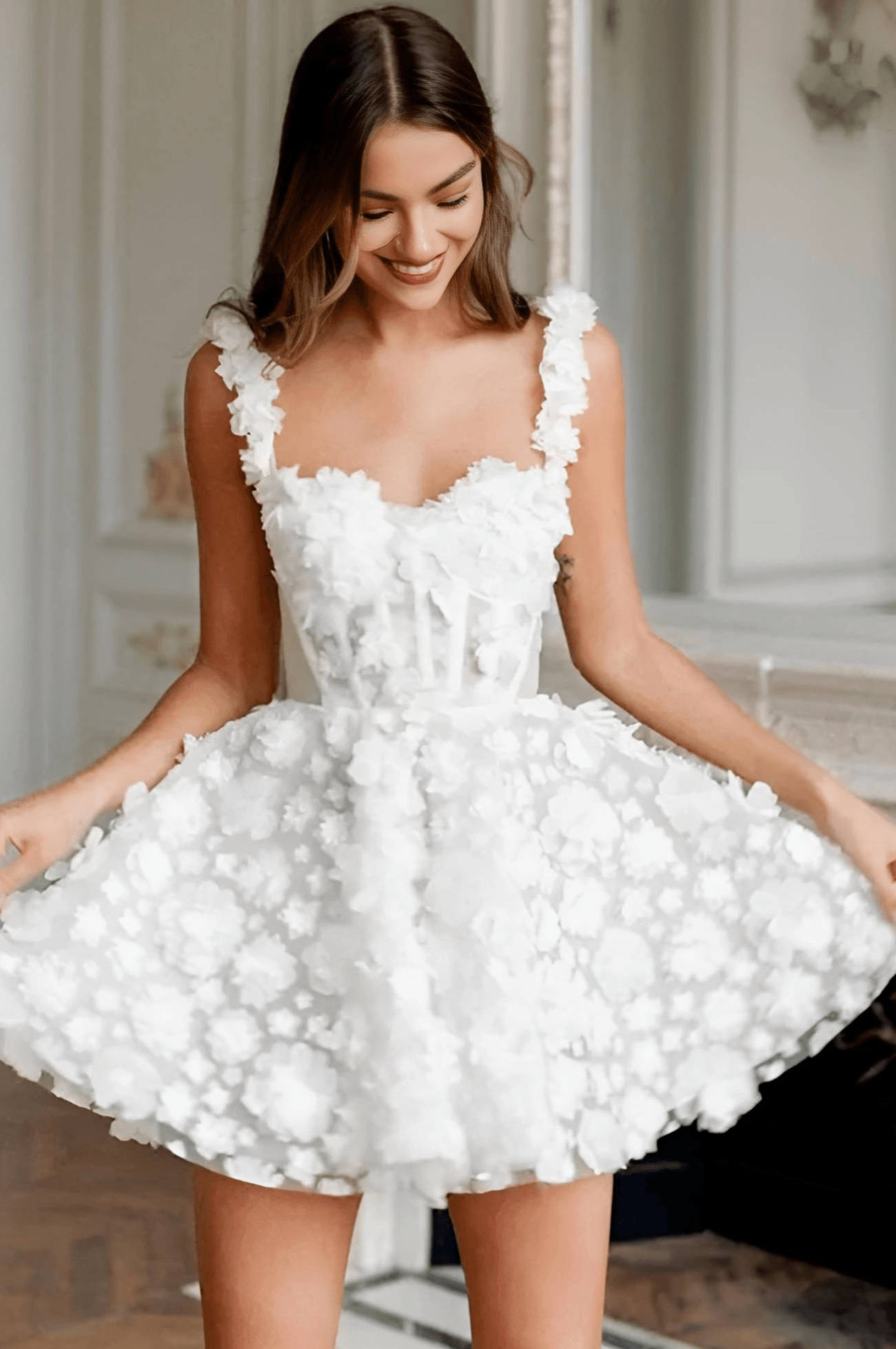 White Flower Lace Embroidery Lace-Up Spaghetti Strap Mini Dress