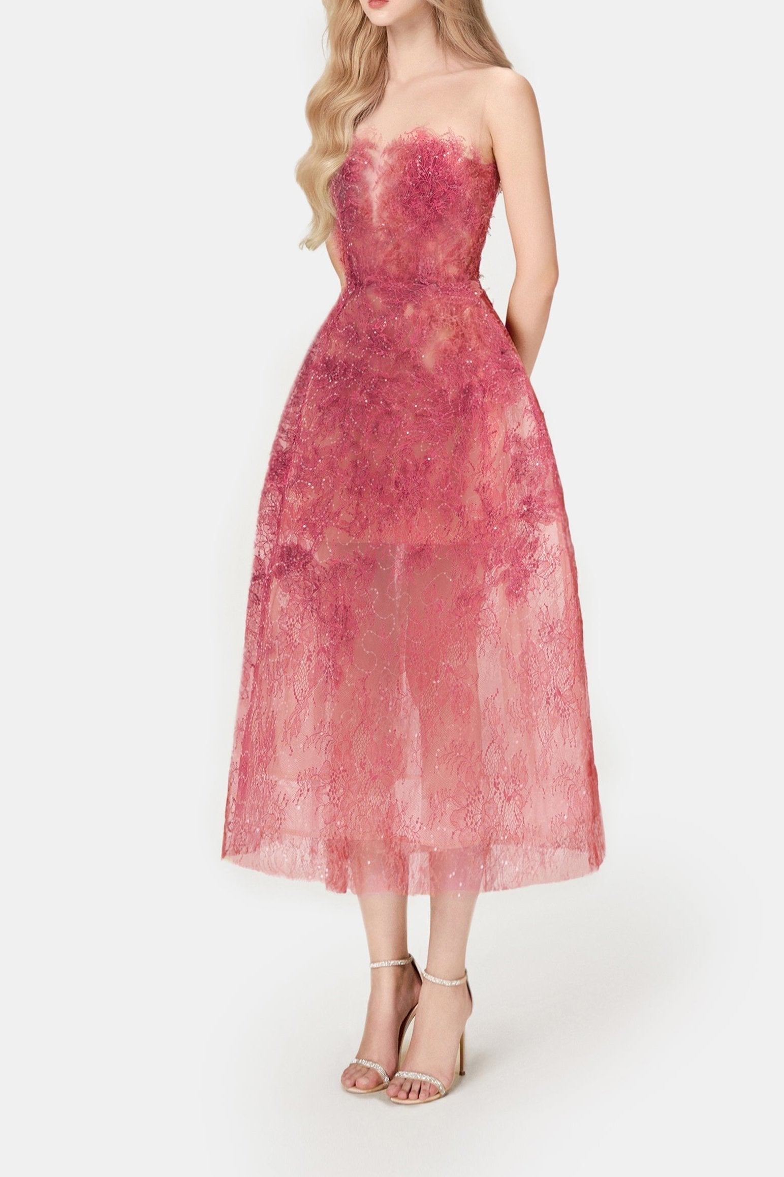 RED BEADED LACE Midi DRESS