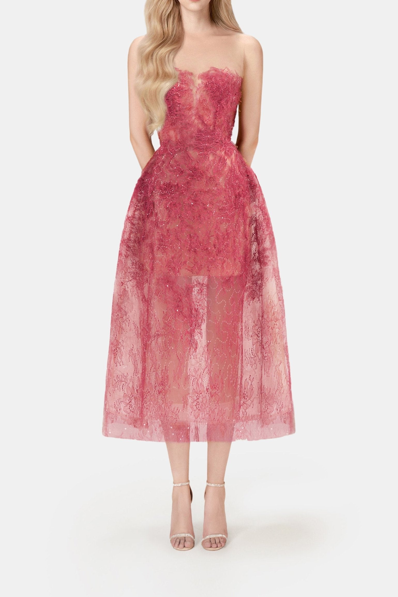 RED BEADED LACE Midi DRESS