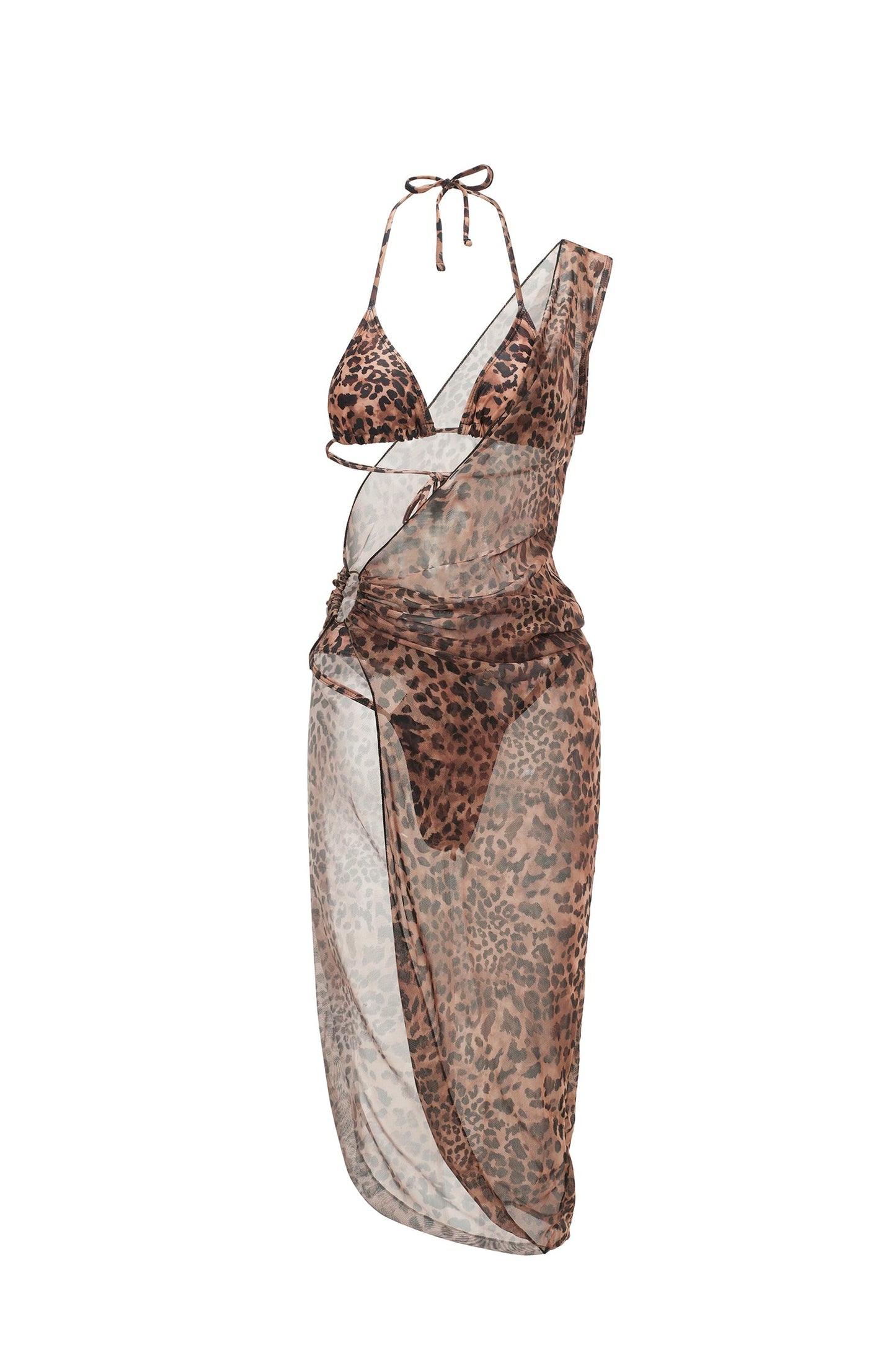 Leopard Print Triangle Bikini & Cutout Ring Side Slit Mesh Cover-Up Midi Dress Set