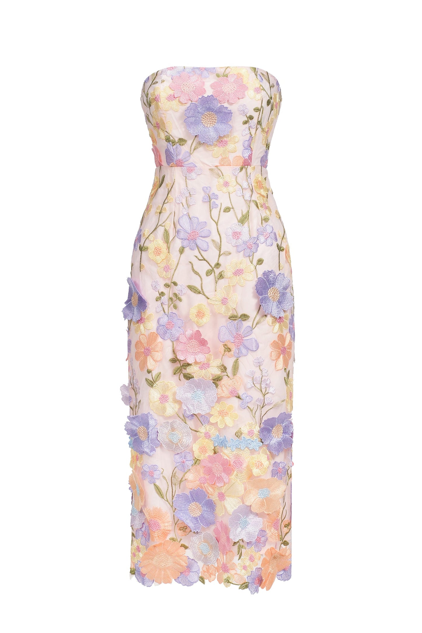 Strapless Pastel 3D Floral Applique Mesh Midi Dress