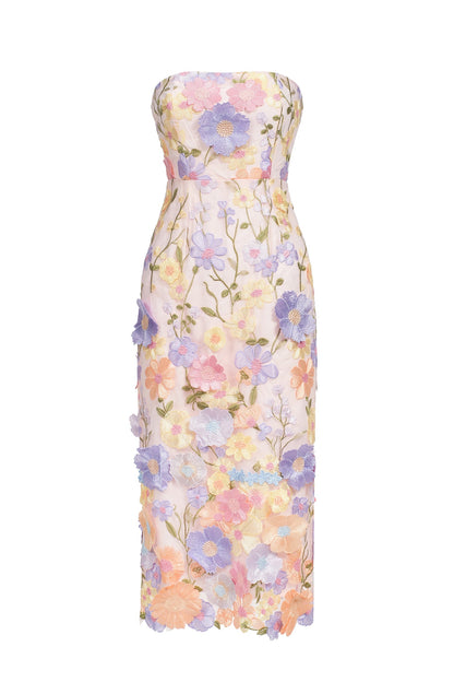 Strapless Pastel 3D Floral Applique Mesh Midi Dress