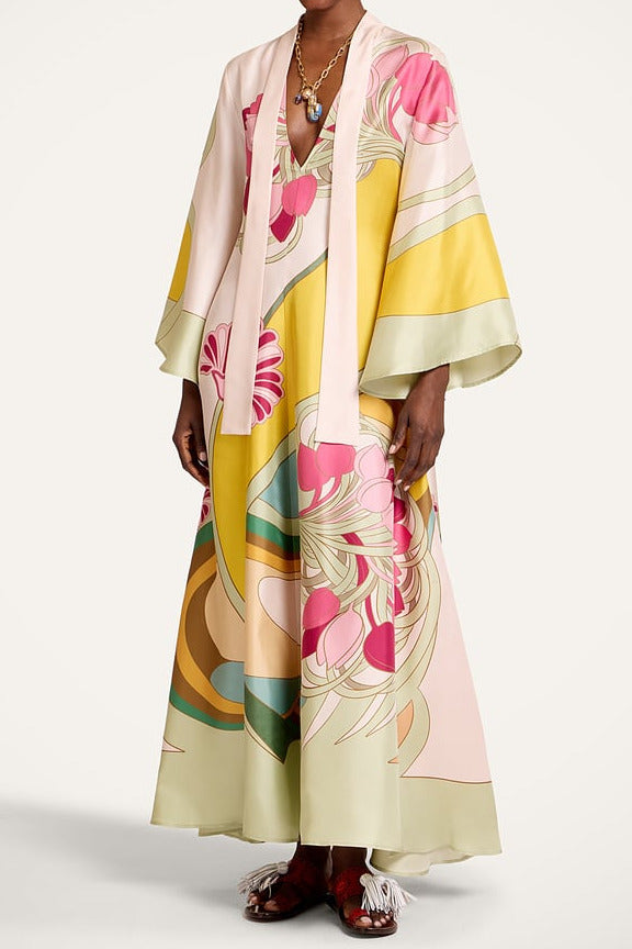 Satin Printed Halter-Neck maxi Dress with Full Skirt
