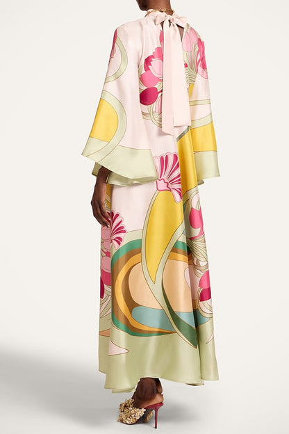 Satin Printed Halter-Neck maxi Dress with Full Skirt