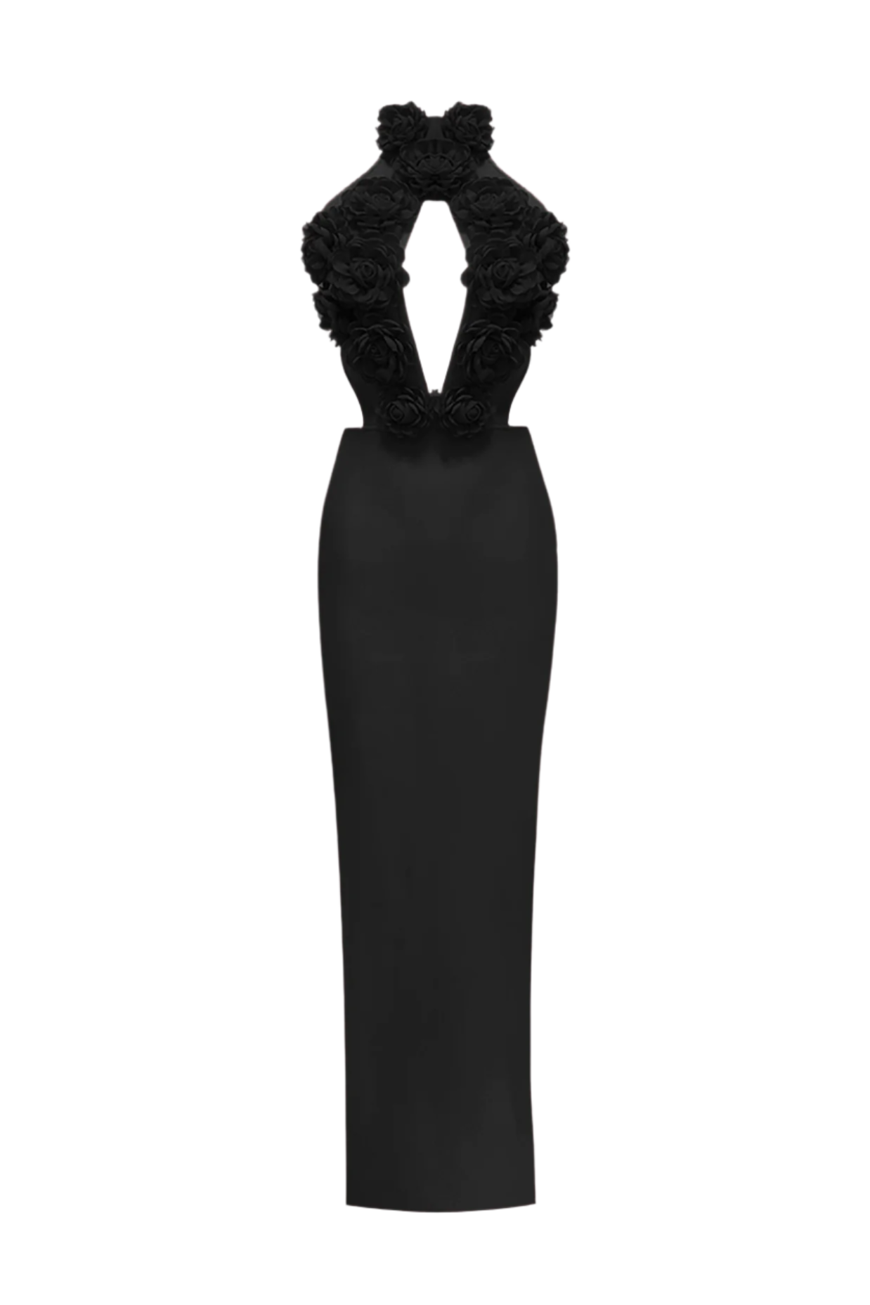 Datherine Floral Appliqué Halter Maxi Bandage Dress - Black