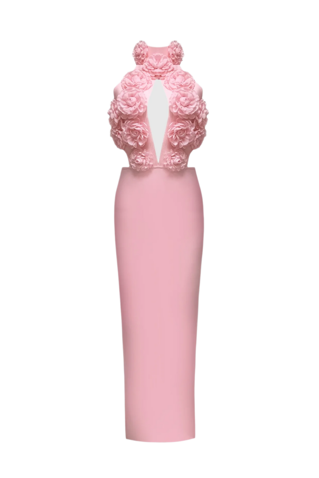 Datherine Floral Appliqué Halter Maxi Bandage Dress - Pink