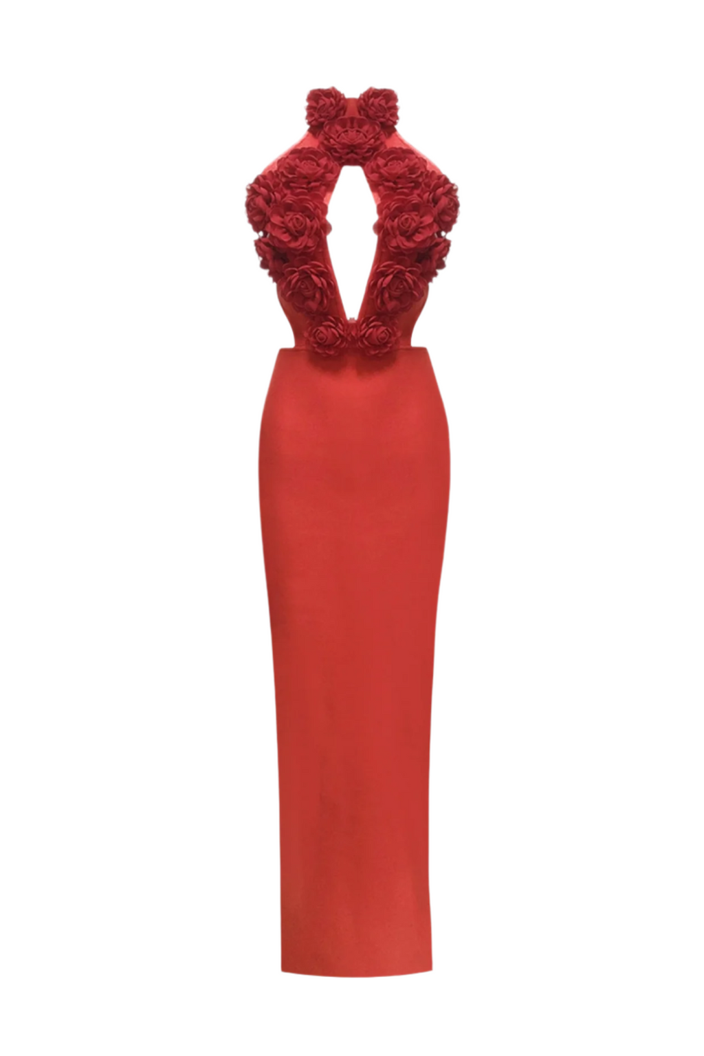 Datherine Floral Appliqué Halter Maxi Bandage Dress - Red