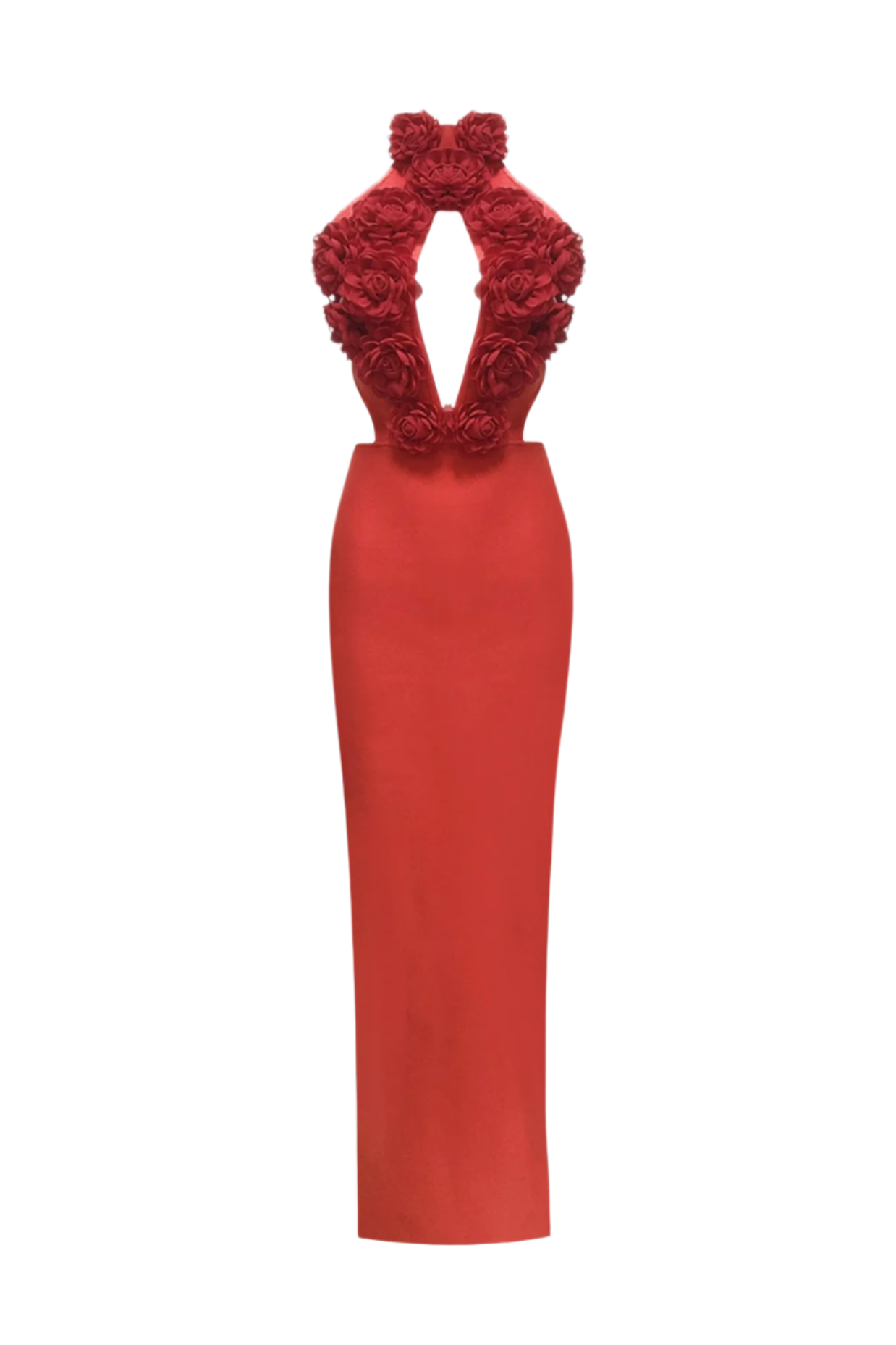 Datherine Floral Appliqué Halter Maxi Bandage Dress - Red