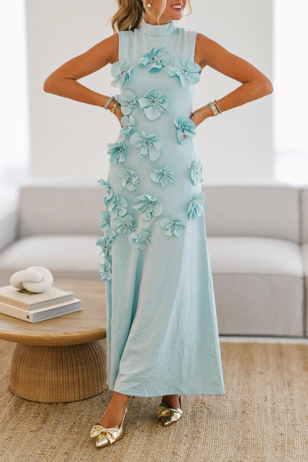Fanci Floral Applique High Neck Maxi-Mint Blue