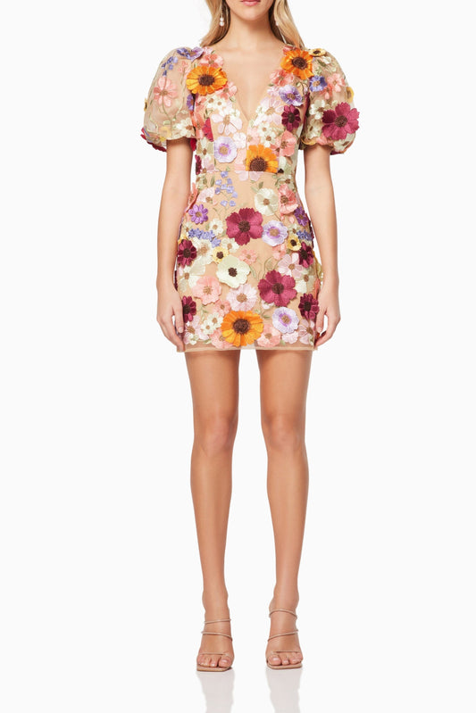 Rosalind Pink Mini Dress - 3D Floral Embellished Party Dress