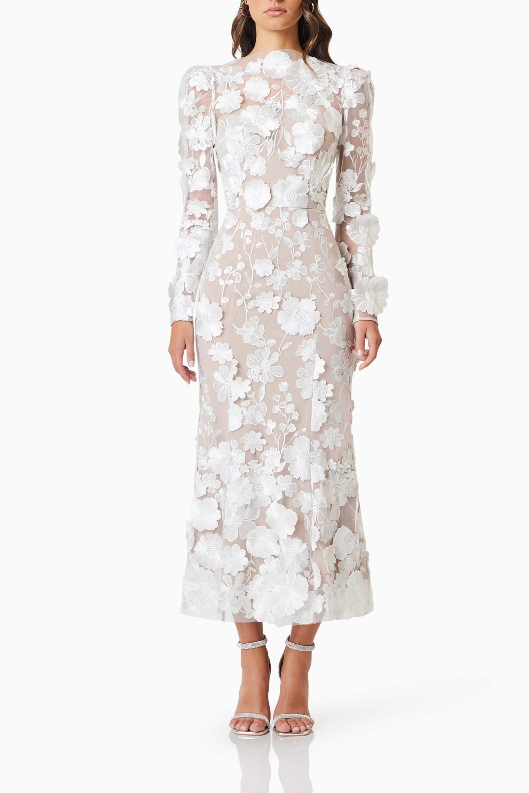 Shannon 3D Floral Midi Dress In White