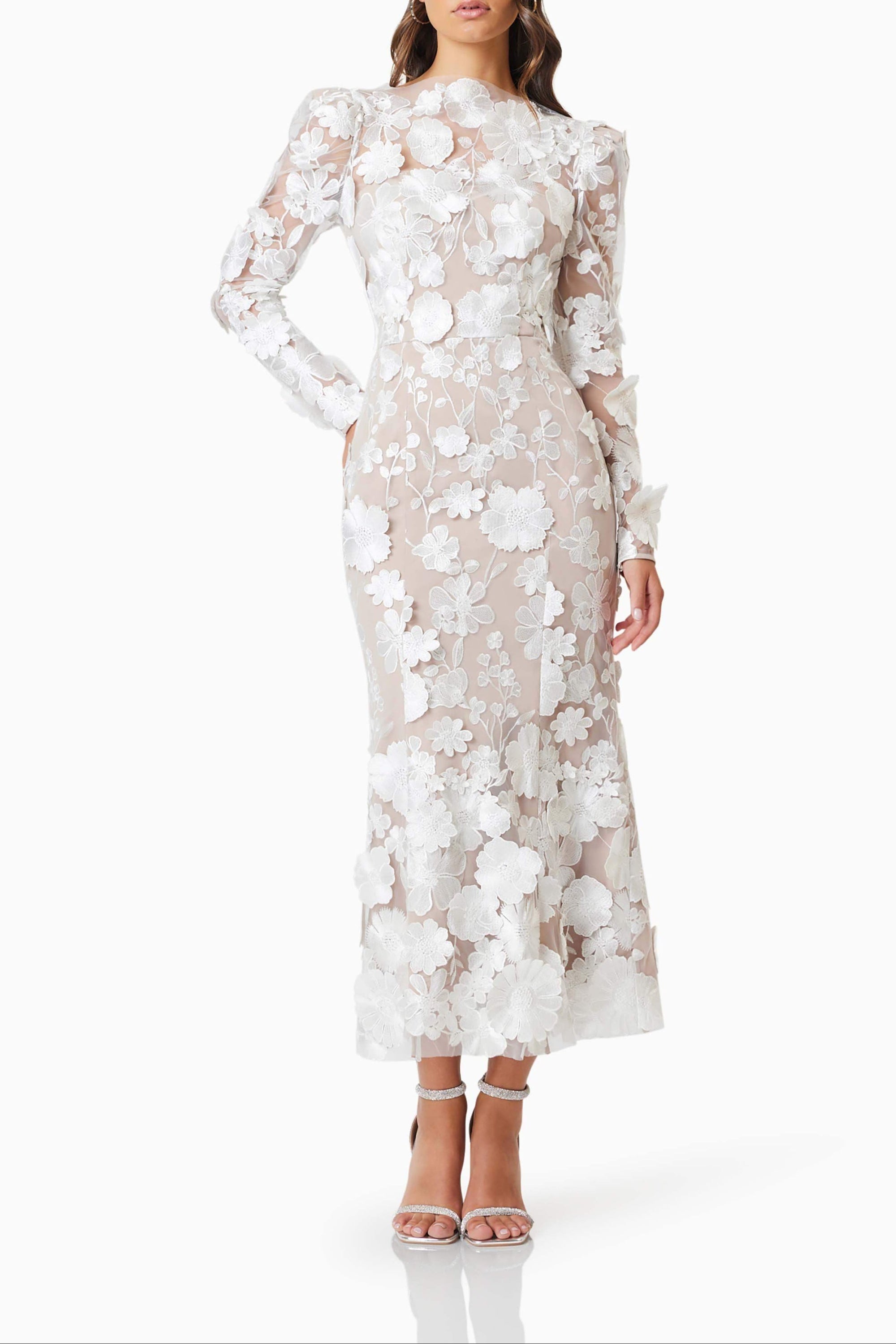 Shannon 3D Floral Midi Dress In White