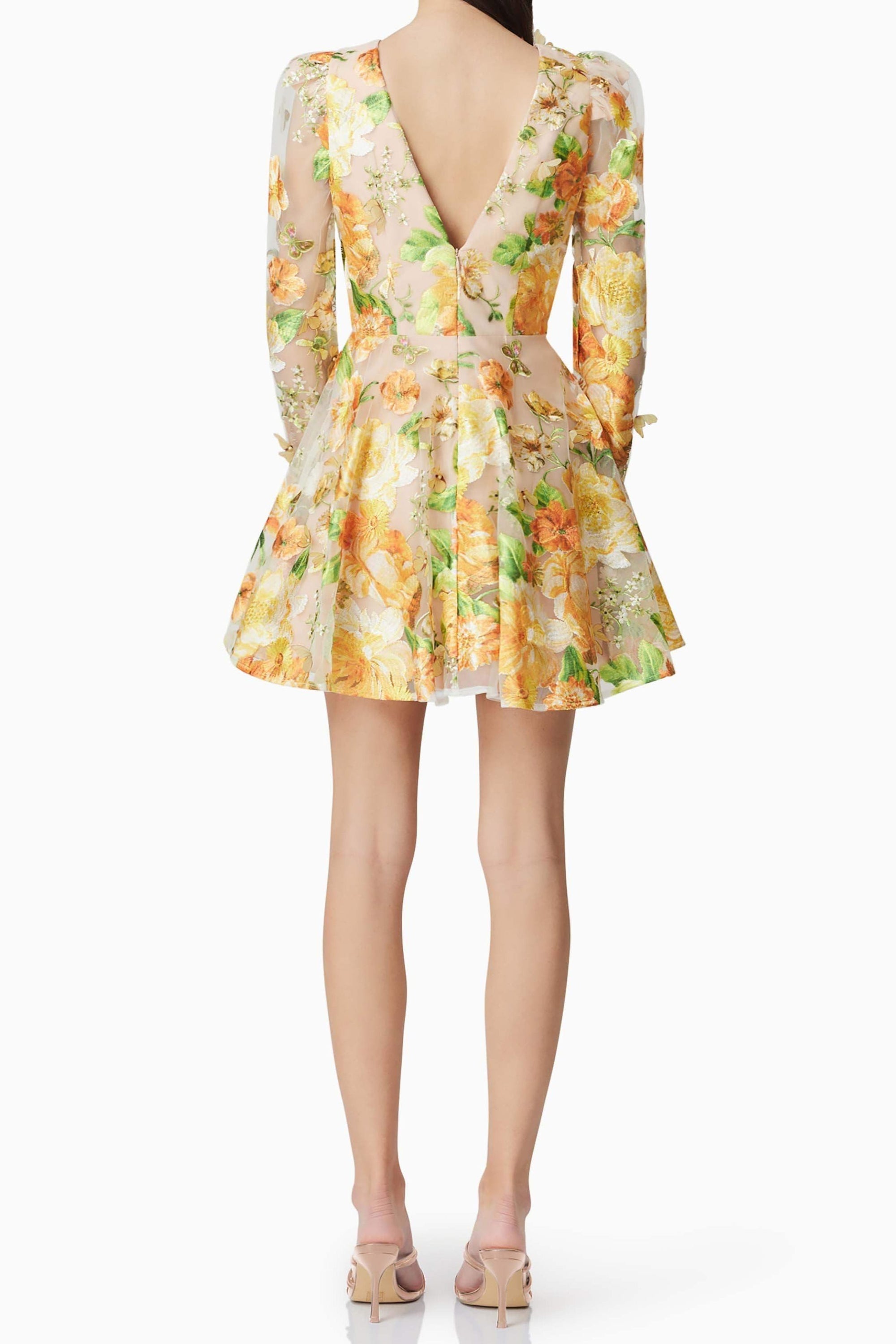 Aella A-Line floral embroidery Mini Dress in Yellow