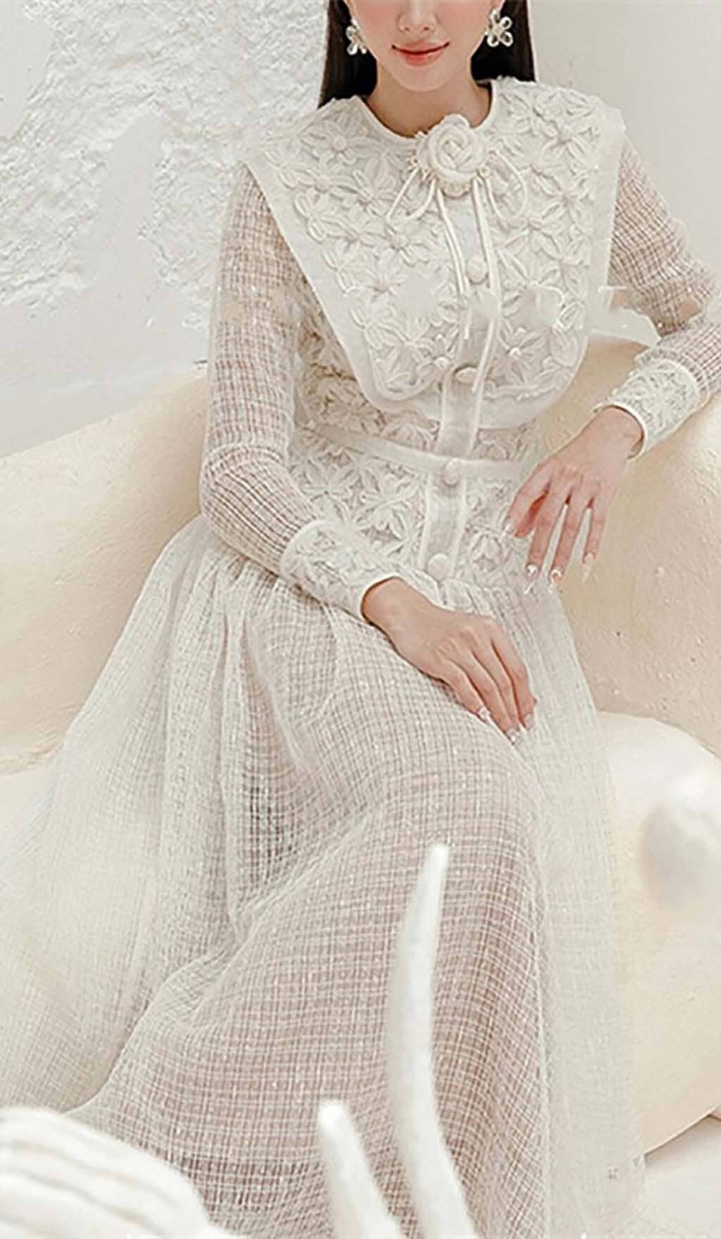 EMBROIDERY LACE LONG SLEEVE MIDI DRESS IN WHITE DRESS sis label 