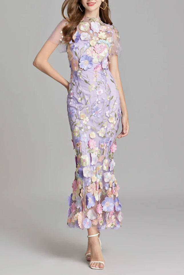 FLORAL EMBROIDERY MESH FISHTAIL MIDI DRESS IN PURPLE