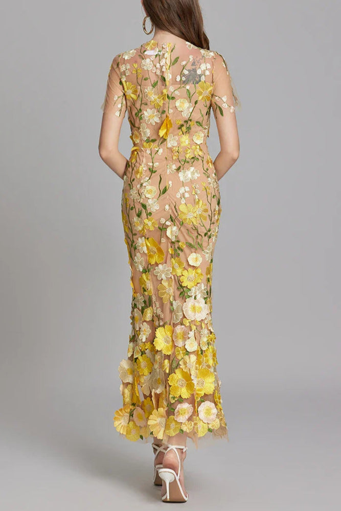 FLORAL EMBROIDERY MESH FISHTAIL MIDI DRESS IN YELLOW