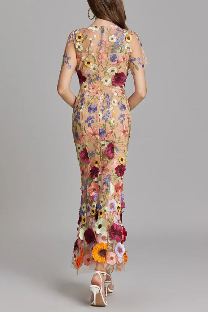 FLORAL EMBROIDERY MESH FISHTAIL MIDI DRESS IN BROWN