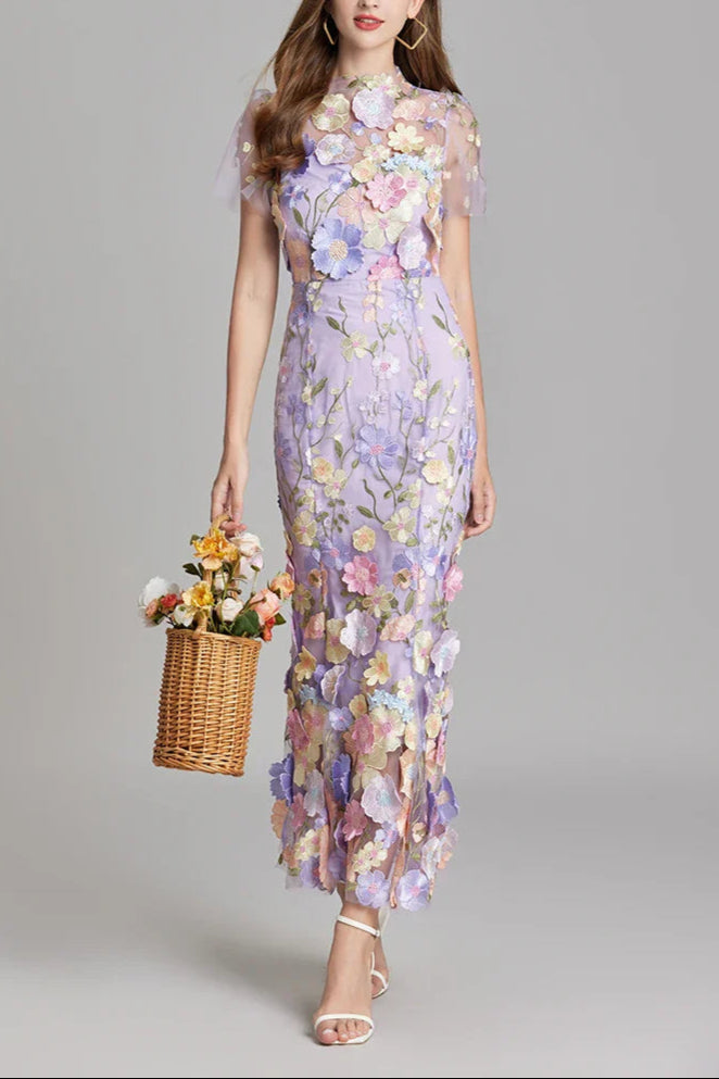 FLORAL EMBROIDERY MESH FISHTAIL MIDI DRESS IN PURPLE