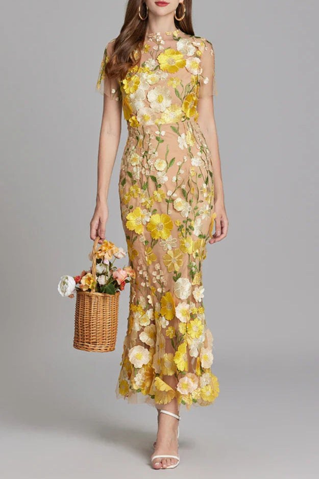 FLORAL EMBROIDERY MESH FISHTAIL MIDI DRESS IN YELLOW