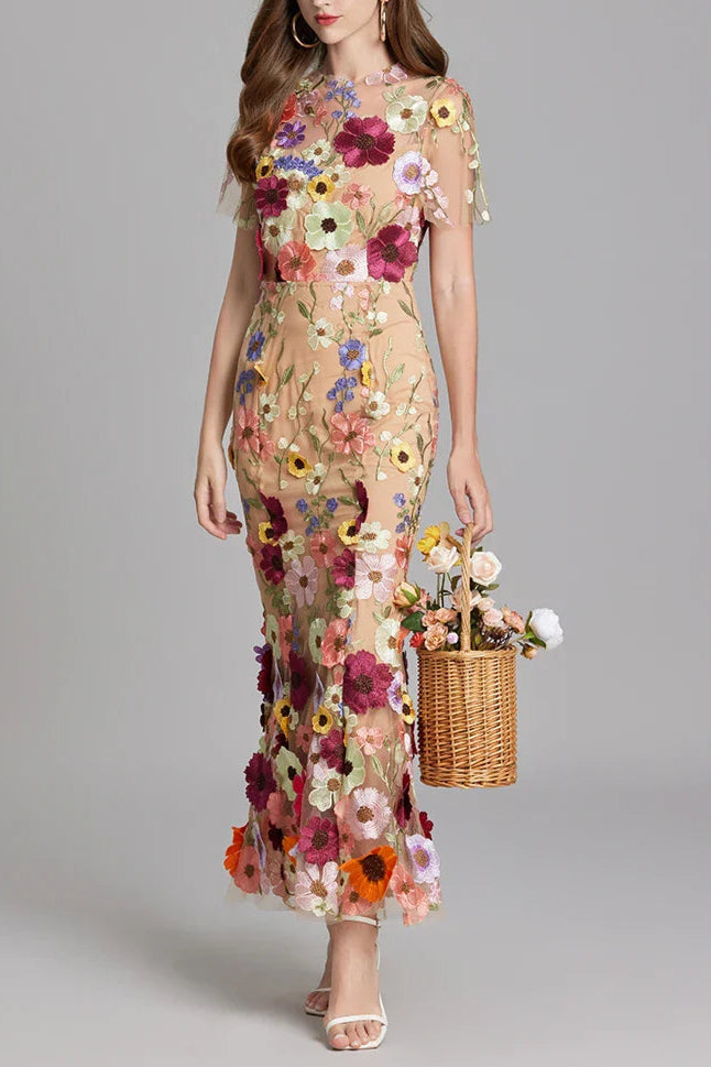 FLORAL EMBROIDERY MESH FISHTAIL MIDI DRESS IN BROWN