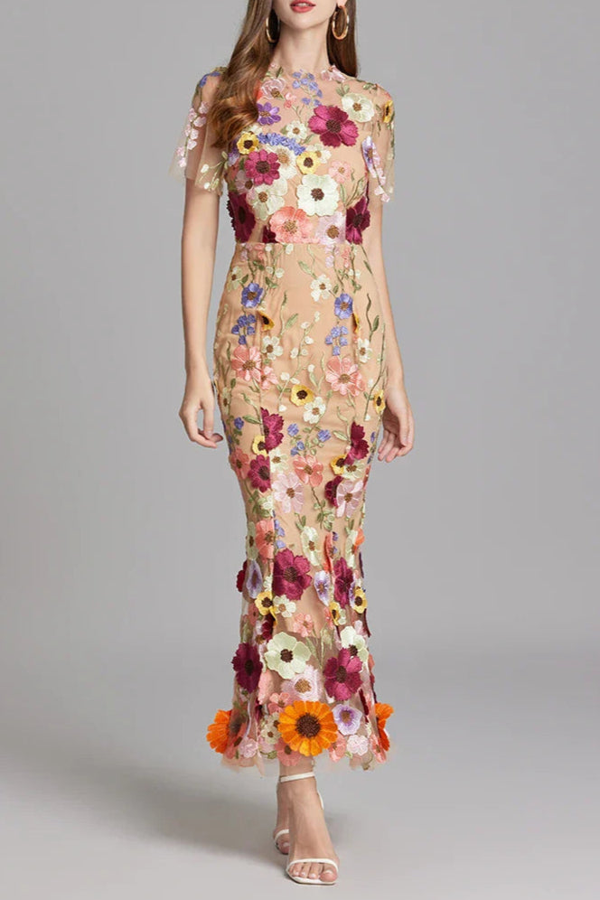 FLORAL EMBROIDERY MESH FISHTAIL MIDI DRESS IN BROWN