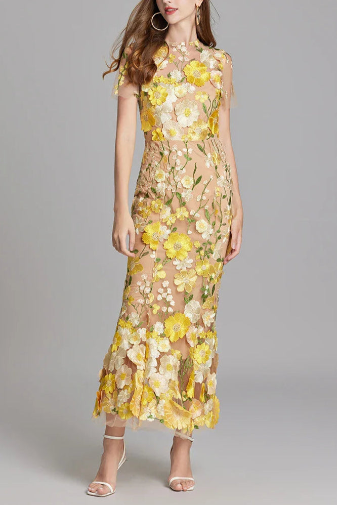 FLORAL EMBROIDERY MESH FISHTAIL MIDI DRESS IN YELLOW