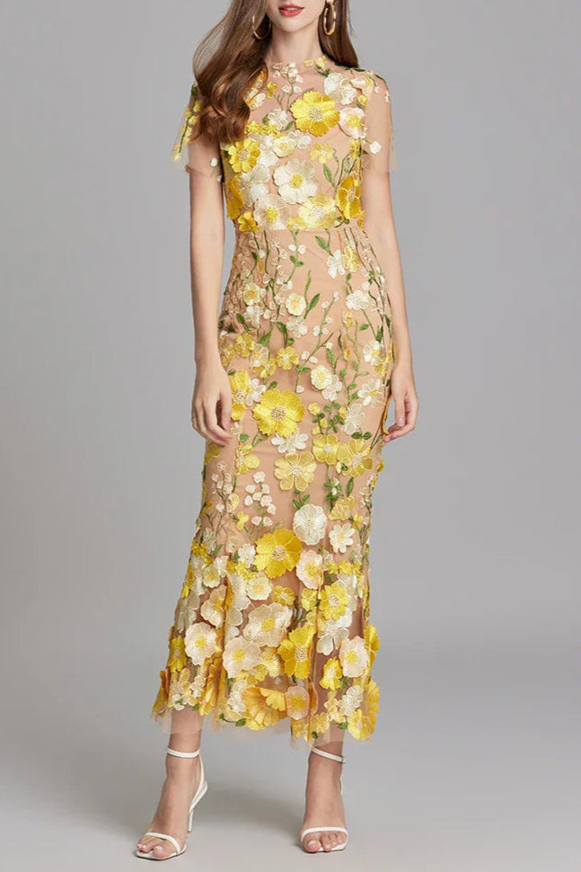 FLORAL EMBROIDERY MESH FISHTAIL MIDI DRESS IN YELLOW