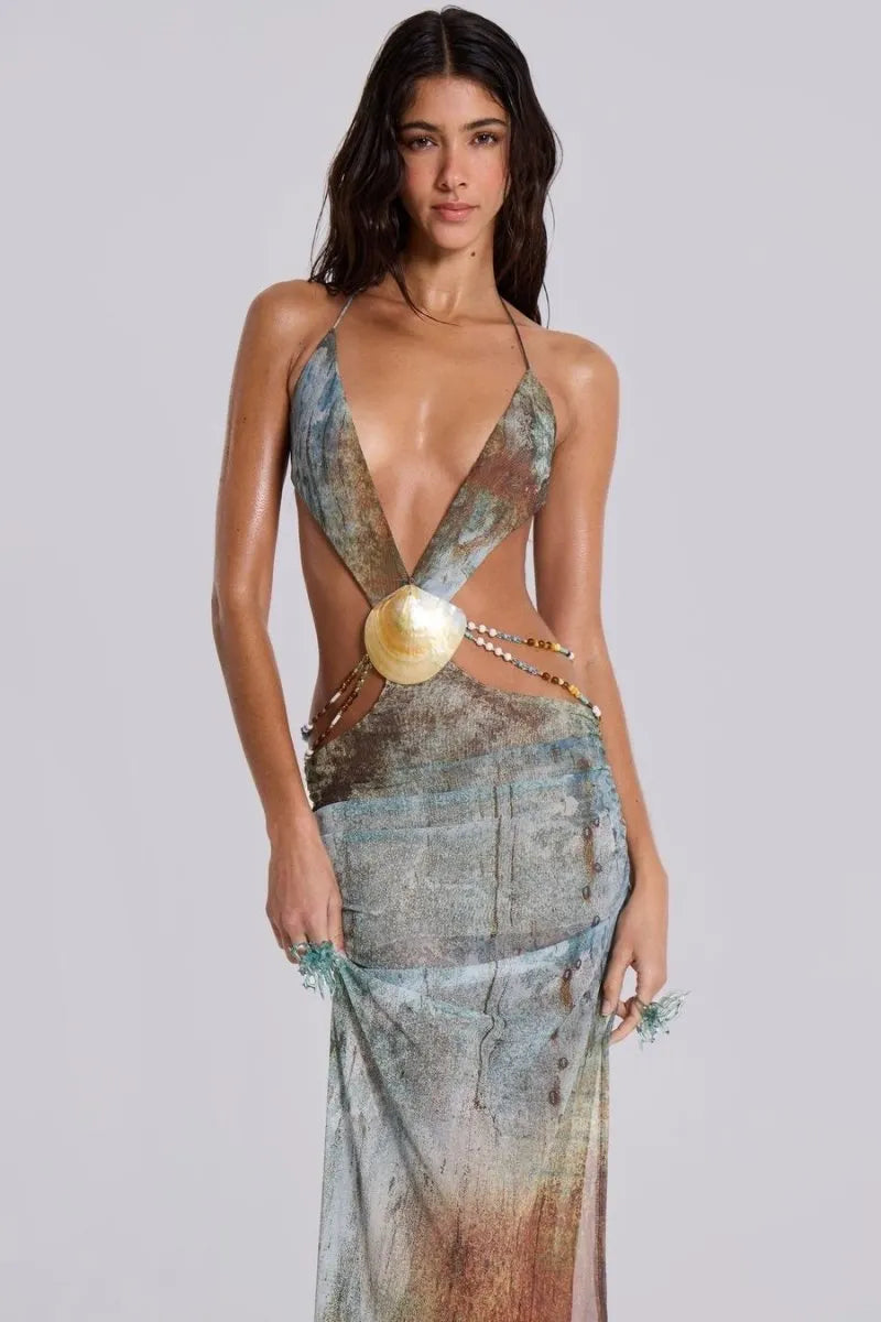 Einar Print Mesh Embellished Backless Maxi Dress
