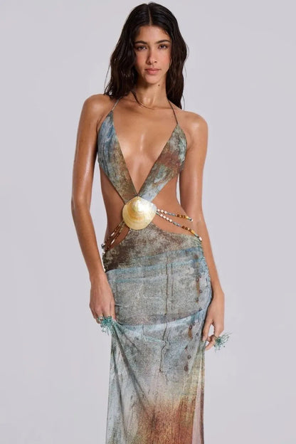 Einar Print Mesh Embellished Backless Maxi Dress