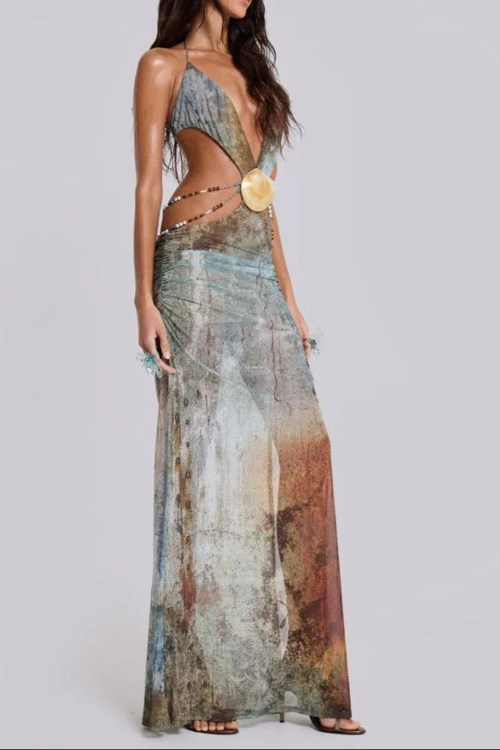 Einar Print Mesh Embellished Backless Maxi Dress