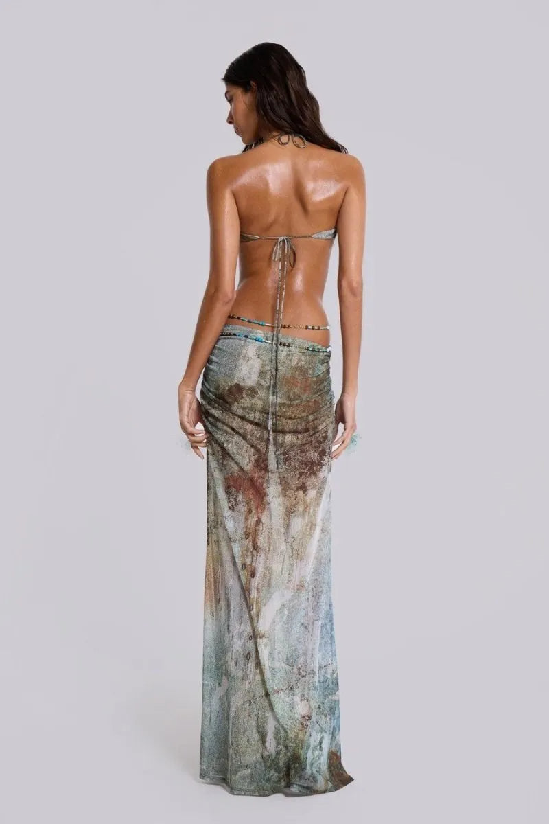 Einar Print Mesh Embellished Backless Maxi Dress