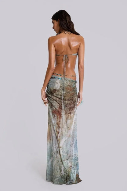 Einar Print Mesh Embellished Backless Maxi Dress