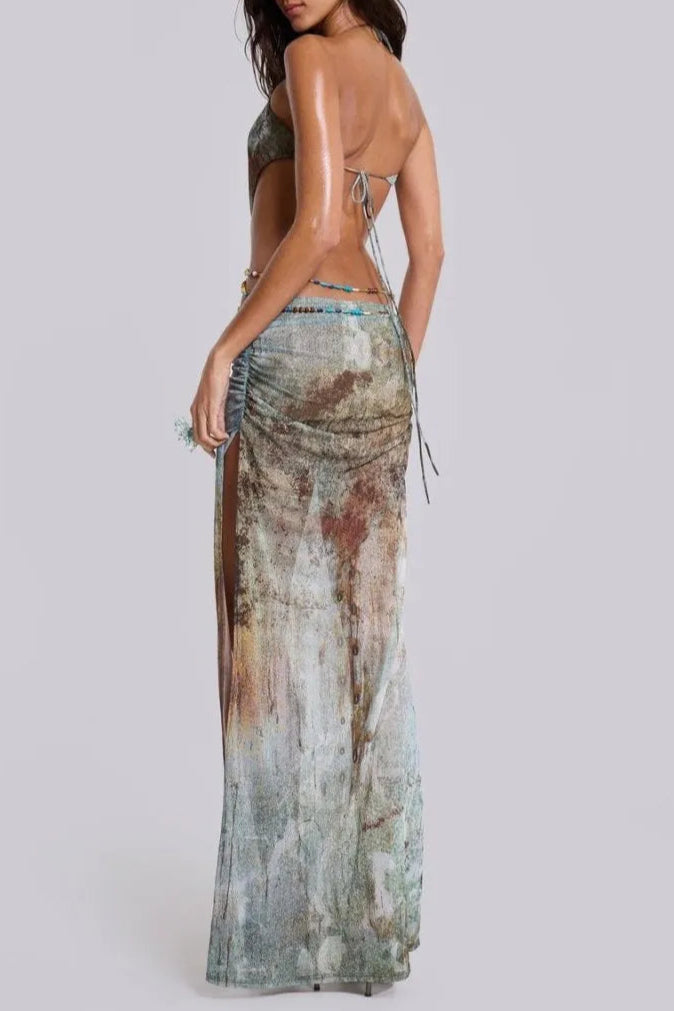 Einar Print Mesh Embellished Backless Maxi Dress