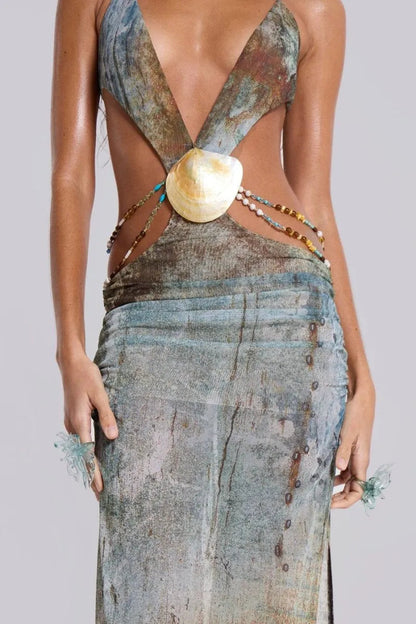 Einar Print Mesh Embellished Backless Maxi Dress
