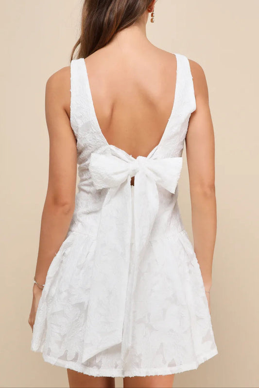 Exuberant Elegance White Jacquard Drop Waist Mini Dress
